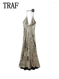 Casual Dresses Foil Slip Long Dress Women 2024 Fashion Flower Glitter Maxi For Sexy Backless Party