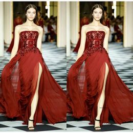 Zuhairmurad Anpassad röd sjöjungfru kväll Axless Sleeveless Formell klänning Chiffon Tulle spets split Applique Crystal Bridesmain Gown 0431