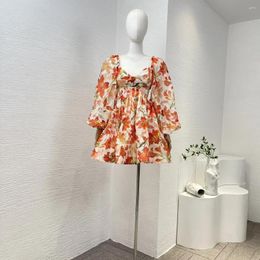 Casual Dresses Stretchable Back Straps Women Clothing 2024 Silk Linen Orange Sweet Floral Print Backless Long Lantern Sleeve Mini Dress