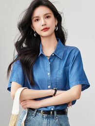 Women's Blouses Denim Top Women Short Sleeve Button Down Shirt 2024 Summer Fashion Turn-down Collar Blouse Office Lady Vintage Jean