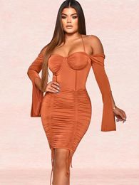 Casual Dresses WUHE Ruched Up Drawstring Off Shoulder Vintage Women Dress Long Sleeve Sweetheart Neck Bodycon Mini Sexy Party Vestidos