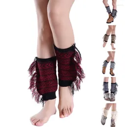 Women Socks Bohemian Boot Cuffs Toppers Side Fringed Tassels Crochet Knit Short Geometric Striped Pattern Calf