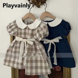 Family Matching Outfits Korean Style New Spring Clothes Mother Daughter Peter Pan Collar Belt Long Sleeve Dress Sisters Look H240507