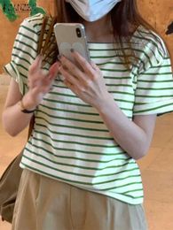 Women's Blouses Shirts ZANZEA Harajuku Womens Square Neckline Shirt Korean Stripe Short sleeved Top 2024 Summer Tuned Full Matching Simple BravadoL2405