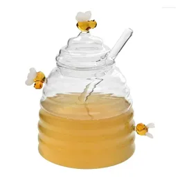 Storage Bottles Honey Jar Cartoon Glass With Dipper Beehive Dish Cute And Lid For Jam Syrup Home