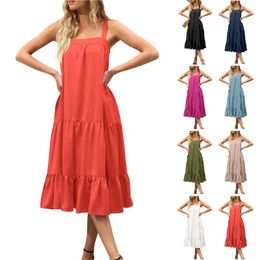 Casual Dresses Ladies Sexy Solid Colour Suspender Loose Layered Pleated Beach Dress In Women's Summer Outfits