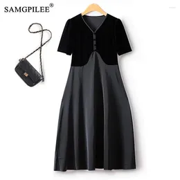 Party Dresses French Style V Neck Velvet Stitching Chiffon Silk Drape High Waist Slim Knee Length Autumn Little Elegant Black Dress Women