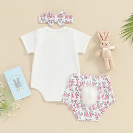 Clothing Sets Easter Outfit Baby Girls Letter Short Sleeve Romper Plush Ball Tail Shorts Headband Girl