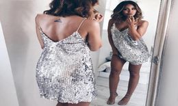 Deep V Neck Autumn Silver Sequined Backless Sexy Dress Women Off Shoulder Mini Dress Christmas Party Club Strap Dresses Vestidos7231035