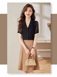 Work Dresses Korean Version Women's Summer Black White Professional Short Sleeved Slim Cardigan Shirt And High Waist Midi Skirt Sets Fashion