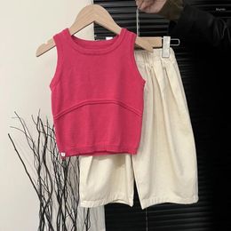 Clothing Sets Kids Girls Two Pieces Solid Sleeveless Soft Knitting Tank Tops HIgh Waist Beige Wide Leg Pants 2pcs Children Suits