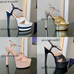 Leather New Double Platform Sandals Pumps Chunky Block Heels Criss-Crossing Straps Toe Super High Women's Designers Evening Party Shoes Factory Orinial edition