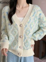 Women's Knits Kimotimo Gentle Argyle Plaid Knitted Cardigan Women 2024 Autumn Winter V Neck Loose Vintage Sweater Coat Casual Long Sleeve