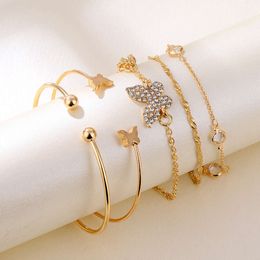 Alloy Jewellery Bohemian style double butterfly inlaid diamond openable bracelet set of 5 pieces