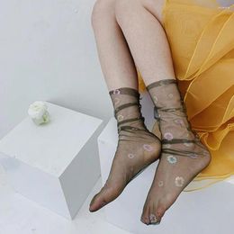 Women Socks Streetwear Chiffon Female Flower Shine Mesh Hosiery Tulle Nylon