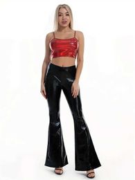 Women's Pants Capris Womens Shiny Patent Leather Bodycon Flare Pants Womens High Waist Elastic Belt PU Bell Bottom Trousers Fashion New Hot Customization Y240504