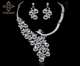 Luxury Silver Color Crystal Bride Wedding Jewelry Set Charm Peacock Design Necklace Earrings Set Women Bridal Party Jewelry D181001191933