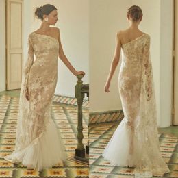 Dantel Düğün Omuz Bir Zarif Kollu Denizkızı Elbiseler Tül Tatta Uzunluğu Özel Yapımı Artı Boyut Gelin Gown Vestidos De Novia