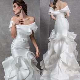 Ruched Off Gorgeous Wedding Mermaid Bateau Dresses Shoulder Belt Design Backless Floor Length Custom Made Plus Size Bridal Gown Vestidos De Novia