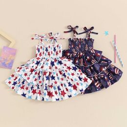 Girl's Dresses Baby Clothing Girls 4th of July Dress Print Shirred Square Neck Tie-Up Spaghetti Strap Layered Toddler Clothes H240507