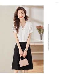 Work Dresses Summer White Elegant Temperament 2 Two Piece Set Women Green Short Sleeves Shirt Tops And Sexy High Waist Midi Skirts 2024