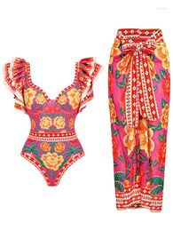 Neck Ruffled Women's Swimwear Floral Print One Piece Swimsuit Vintage Beach Skirt Fashion Bathing Suits Sexy Beachwear 2024