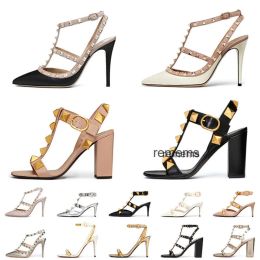 Shoes Designer High Heel VT Sandal Dress Shoes Ankle Strap Roman Studs Black Nude Strip Rivets Womens Stiletto Block Heel 3542