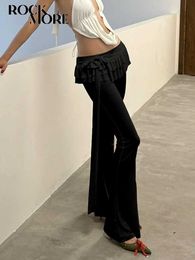 Women's Pants Capris Rockmore black lace ruffled leather pants low waisted womens Coquette Y2K Strwear wide leg Trouser Fashion Flare Pants Harajuku Y240504