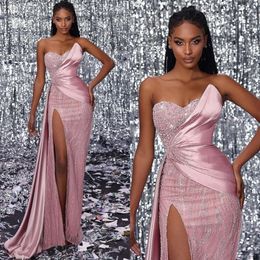 Pink Dresses Elegant Evening Gorgeous Sequins Beads Sweetheart Party Prom Dress Pleats Thigh Split Formal Dresses For Women