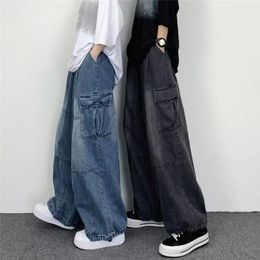 Men Denim Pants Bottoms Baggy Cargo Jeans Solid Colour Relaxed Fit Mid Waist Trousers Streetwear 240426