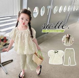 Clothing Sets Girls Set Children 2024 Summer Cute Soft Casual Bubble Sleeve Lace Embroidery Top Striped Flare Pants Two Piece