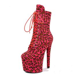 20см Luipaard Print Ultra Hoge Hak Lace Up Sexy High Heel Sandals Korte Laarzen платформа Paaldans Schoenen Mode Vis Mond