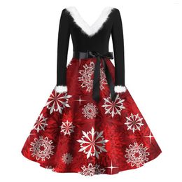 Casual Dresses 2024 For Women Fashion V-neck Slim Christmas Printed Long Sleeve Woolen Ropa De Mujer