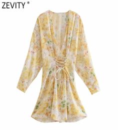 Zevity New Women Vintage V Neck Floral Print Bandage Kimono Mini Dress Female Chic Long Sleeve Side Zipper Casual Vestido DS8297 21125061