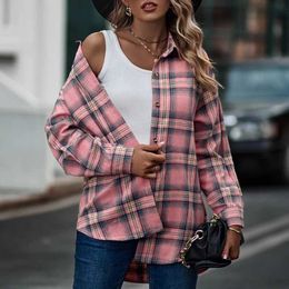 Women's Blouses Shirts Autumn Sports Chic New Loose Casual Shirt Women Artistic Preppy Style Turn Down Collar Long Sle Button Loose Casual Plaid Top d240507