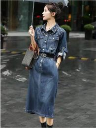 Designer mid-length Dress for Women denim office business lapel colloar skirts with belt oversized blue jeans dress