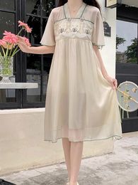 Party Dresses Chinese Style Chic Sweet Mori Girl Lace Embroidery Gauze Women Midi Dress Summer Square Collar Loose Elegant Mid-Calf