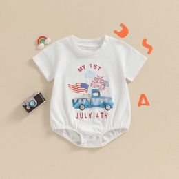 Clothing Sets Independence Day Outfits Infant Boys Girls Short Sleeve Letter Flag Car Firework Print Jumpsuits Newborn H240507