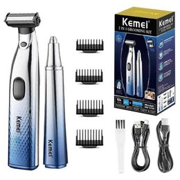 Electric Shavers Kemei Waterproof IPX7 Design 2 in 1 Mens Beauty Electric Set Face Body Dry and Wet USB Rechargeable Shaver Y240503