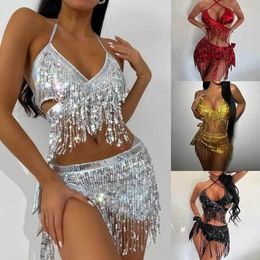 Women's Swimwear Shiny Sequin Tassel Women Three Piece Set Swimsuit 2024 Summer Flash Fabric Sexy Bikini Bathing Suit Spicy Girl