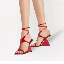 Sandals European And American Fashionable PU Leather Curved High Heels Anklet Straps Open Square Toe Roman Shoes Nightclub Party