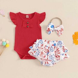 Clothing Sets Baby Girls 4th of July Flying Sleeve Stars Stripe/Firework Balloon Print Shorts Headband for 0-18M H240507