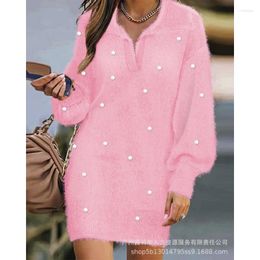 Casual Dresses Wepbel Y2K Beaded Velvet Dress Women Solid Color V-neck Long Sleeve Mini Loose Summer Female Robe Studded