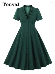 Party Dresses Tonval Sexy Ruched V-Neck High Waist Single Breasted Evening For Women 2024 Green Tie Back Vintage Swing Dress