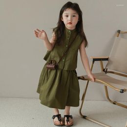 Clothing Sets 2PCS Children's Girl Summer Suit Sleeveless Stand-up Collar Single-breasted Half Skirt Suits Fashion Breathable Preppy Style