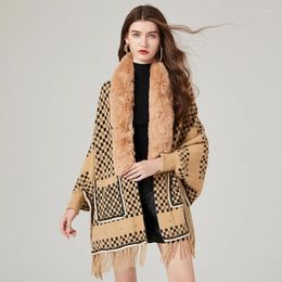 Women's Knits High Quality Women Cape With Mink Cashmere Knitting V Neck Batwing Sleeve Autumn Winter Loose Casual Plaid Sweater Cardigan