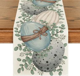 Eucalyptus Egg Easter Linen Table Runner Spring Farmhouse Kitchen Dining Decor for Indoor Outdoor Home Holiday Party 240430