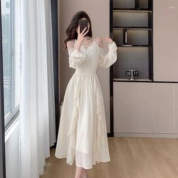 Casual Dresses High Quality Luxury Long Sleeve Strapless White Women's 2024 Summer French Fairy Dress Elegant Ruffle Fluffy Chiffon