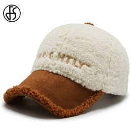 Ball Caps FS 2024 Brown White Lambswool Winter Baseball Cap For Men Stylish Plush Wool Hats Warm Plus Velvet Women Caps Gorras Hombre Y240507
