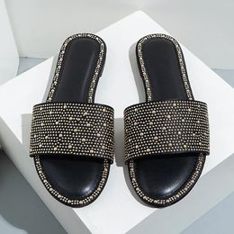 Slippers Summer Shoes For Women 2024 Slip On Flat Sandals Casual Bling Rhinestone Strap Open Sandalias De Mujer Verano